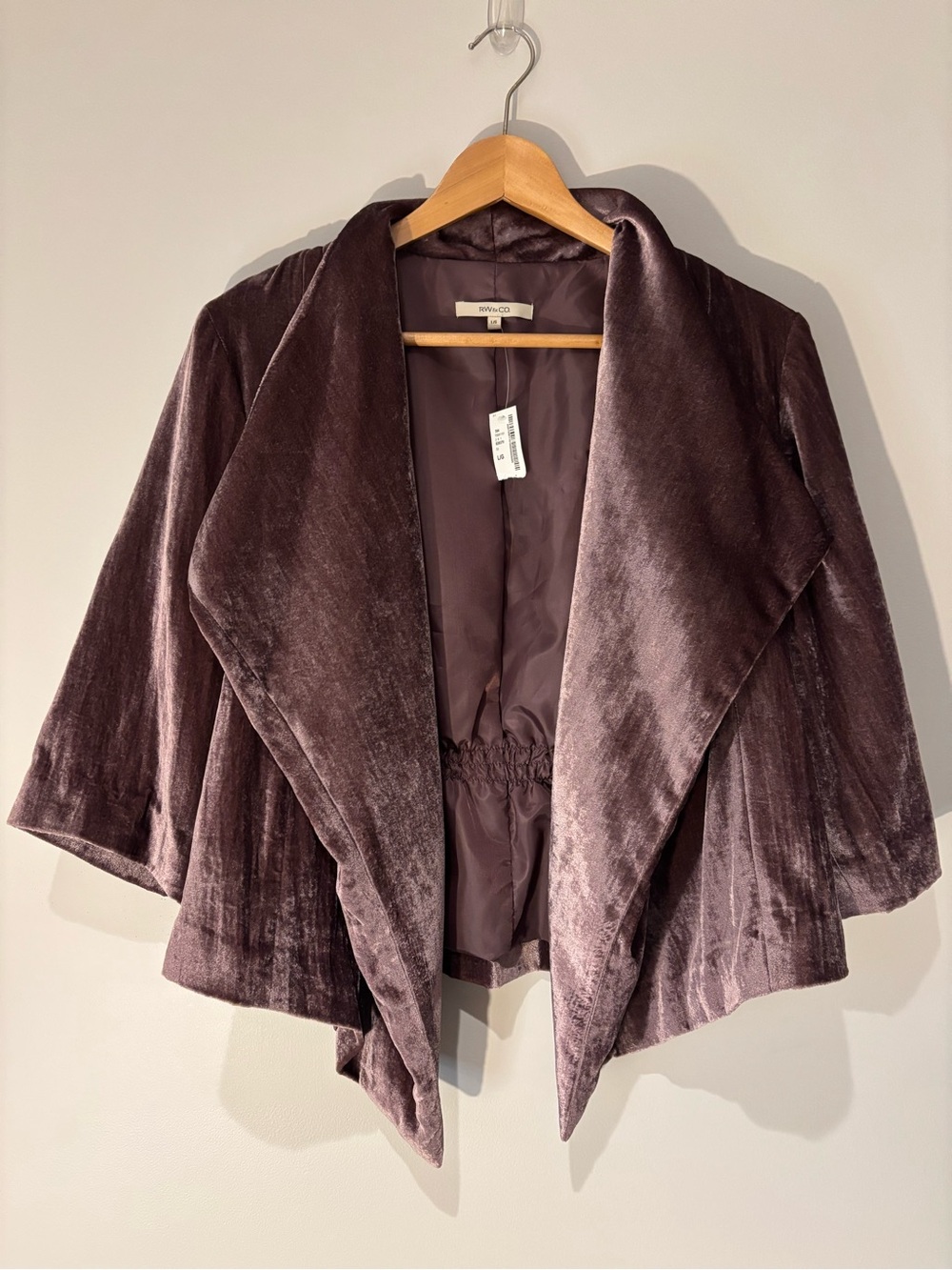 NWT RW & Co Velour Draped Open-Front Cardigan Jacket | Mauve | Size Large
